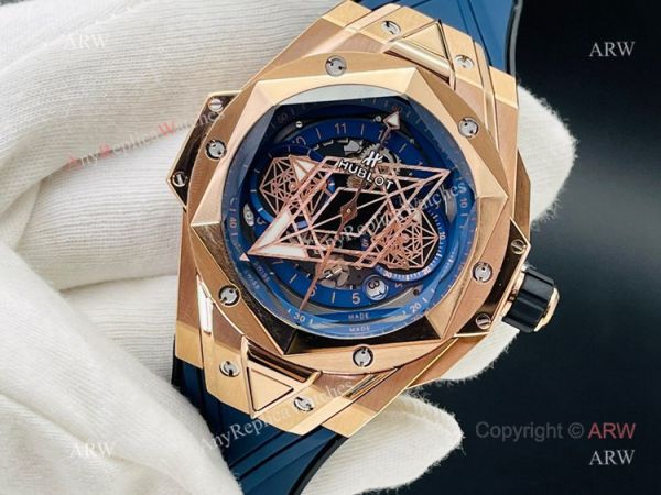 Replica Hublot Big Bang Watch Hublot Sang Bleu 45mm Rose Gold Blue Rubber Straps Replica Hublot Big Bang Watch Hublot Sang Bleu 45mm Rose Gold Blue Rubber Straps
