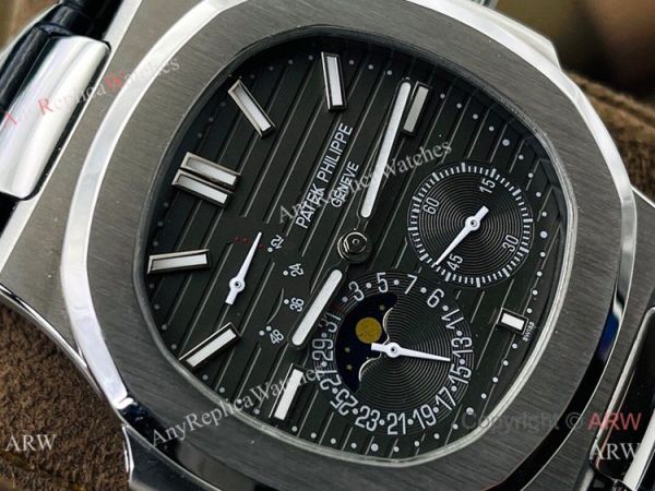(PF Factory) Swiss Replica Patek Philippe Nautilus Moonphase Watch Black Dial Black Leather Strap (PF Factory) Swiss Replica Patek Philippe Nautilus Moonphase Watch Black Dial Black Leather Strap
