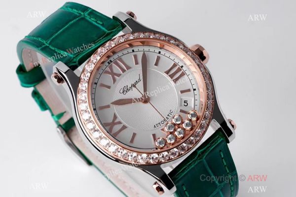 AF Factory Chopard Happy Sport 36mm Watch Rose Gold Bezel Green Leather Strap AF Factory Chopard Happy Sport 36mm Watch Rose Gold Bezel Green Leather Strap