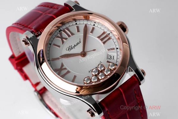 AF Factory 1:1 Replica Chopard Happy Sport 36mm Watch Rose Gold Bezel Red Leather Strap AF Factory 1:1 Replica Chopard Happy Sport 36mm Watch Rose Gold Bezel Red Leather Strap