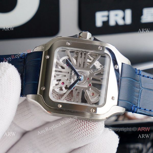 (TW ) Best Skeleton Santos De Cartier Stainless Steel Copy Watch With Blue Leather Band (TW ) Best Skeleton Santos De Cartier Stainless Steel Copy Watch With Blue Leather Band