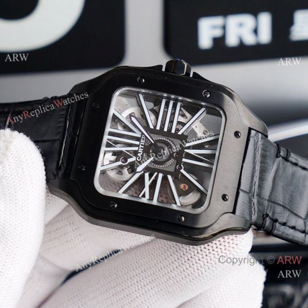 (TW ) Skeleton Santos De Cartier In All Black Leather Strap Watch High End Replica For Men (TW ) Skeleton Santos De Cartier In All Black Leather Strap Watch High End Replica For Men