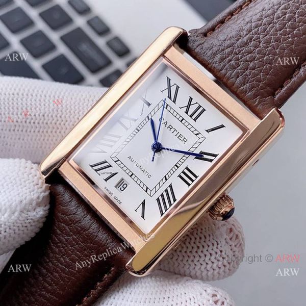 Yellow Gold Cartier Tank Automatic Copy Watch In Black Leather Strap White Dial Yellow Gold Cartier Tank Automatic Copy Watch In Black Leather Strap White Dial