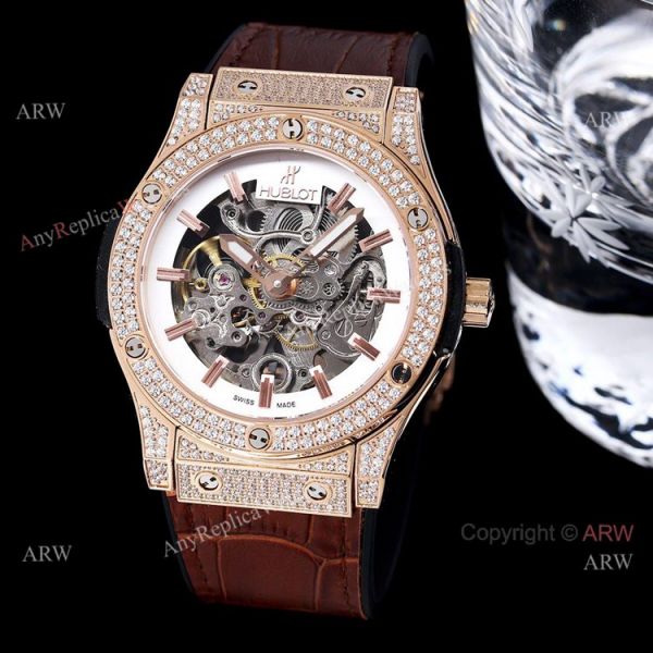 45mm Hublot Big Bang Rose Gold Skeleton Watch With Diamonds For Mens Replica 45mm Hublot Big Bang Rose Gold Skeleton Watch With Diamonds For Mens Replica
