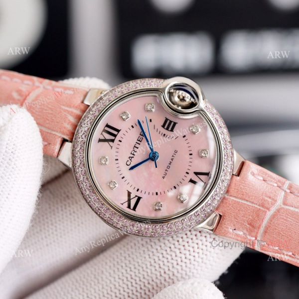 New Cartier Ballon Bleu 33mm With Diamonds Bezel Pink MOP Dial Pink Leather Strap Copy Watch New Cartier Ballon Bleu 33mm With Diamonds Bezel Pink MOP Dial Pink Leather Strap Copy Watch