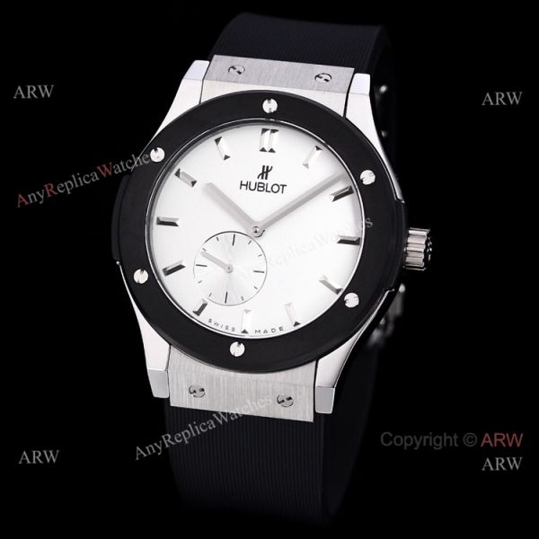 Stainless Steel Hublot Classic Fusion 42mm White Dial White Leather Strap Watch Replica Stainless Steel Hublot Classic Fusion 42mm White Dial White Leather Strap Watch Replica