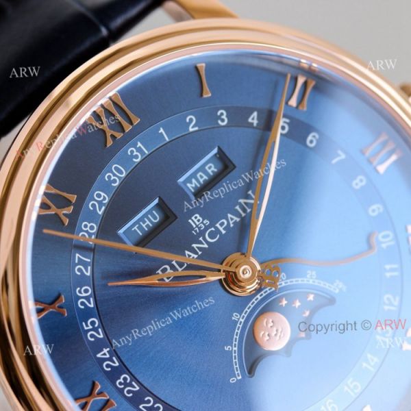 V2 New Upgraded Replica Blancpain Moon Phase Rose Gold Watch Blue Dial Blue Leather Strap V2 New Upgraded Replica Blancpain Moon Phase Rose Gold Watch Blue Dial Blue Leather Strap