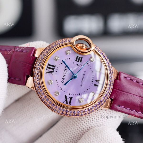 New Ladies Cartier Ballon Bleu 33mm Rose Gold diamond Purple Dial Purple Leather Strap Replica Watches New Ladies Cartier Ballon Bleu 33mm Rose Gold diamond Purple Dial Purple Leather Strap Replica Watches