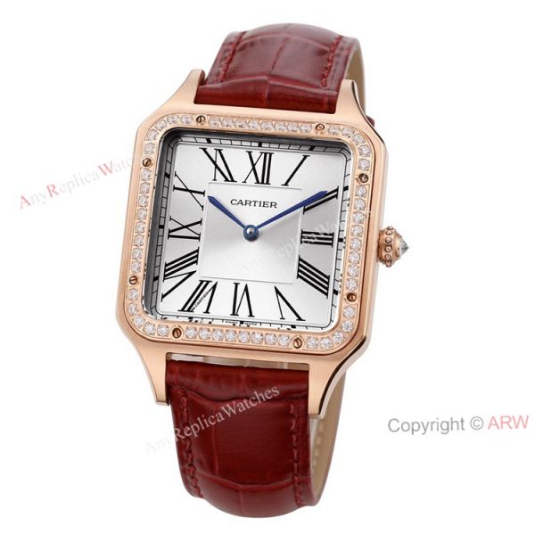 New Faux Cartier Santos-Dumont Rose Gold Couple Watch With Diamonds Bezel Brown Leather Band New Faux Cartier Santos-Dumont Rose Gold Couple Watch With Diamonds Bezel Brown Leather Band