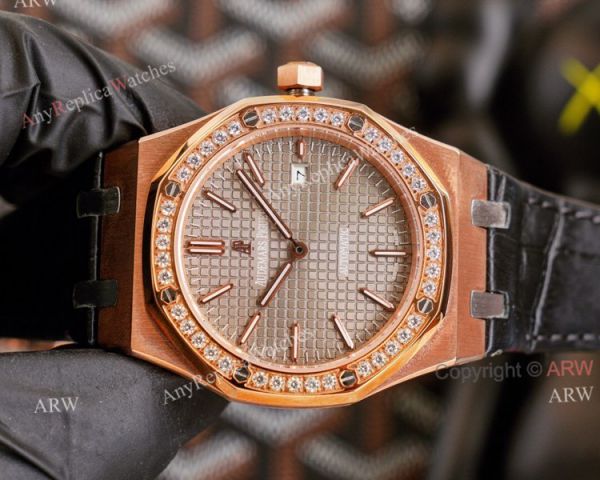 High End Replica Audemars Piguet Royal Oak Rose Gold Grey Dial Automatic Watch With Diamonds Black Leather Strap High End Replica Audemars Piguet Royal Oak Rose Gold Grey Dial Automatic Watch With Diamonds Black Leather Strap
