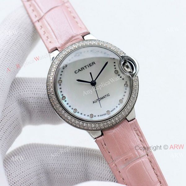 Swiss Quality Knockoff Cartier Ballon Bleu 36mm Automatic Watch With Diamond Bezel Black Leather Strap Swiss Quality Knockoff Cartier Ballon Bleu 36mm Automatic Watch With Diamond Bezel Black Leather Strap
