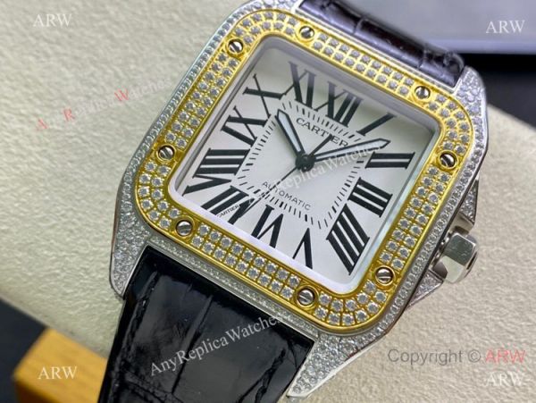 Swiss Quality Iced Out Cartier Santos De Watch Two Tone Sapphire Crystal Swiss Quality Iced Out Cartier Santos De Watch Two Tone Sapphire Crystal