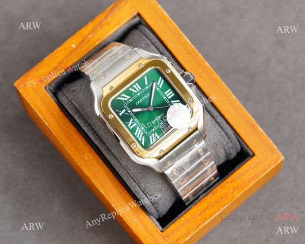 New Cartier Alberto Santos-Dumont Green Two Tone Watch Sapphire Crystal New Cartier Alberto Santos-Dumont Green Two Tone Watch Sapphire Crystal