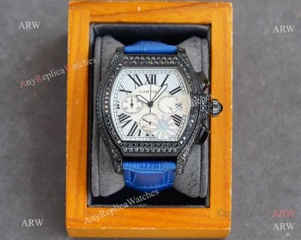 Iced Out Cartier Roadster All Black Watches Leather Strap Iced Out Cartier Roadster All Black Watches Leather Strap