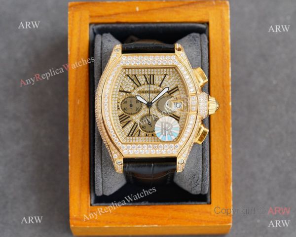 Iced Out Cartier Roadster Chronograph Watches Yellow Gold Case Iced Out Cartier Roadster Chronograph Watches Yellow Gold Case