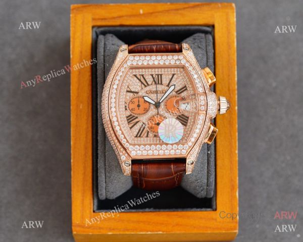 Iced Out Cartier Roadster Replica Watch Rosse Gold White Chronograph Dial Iced Out Cartier Roadster Replica Watch Rosse Gold White Chronograph Dial