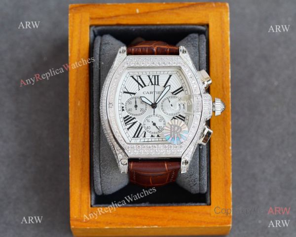Iced Out Cartier Roadster Replica Watch White Chronograph Dial Men Watch Iced Out Cartier Roadster Replica Watch White Chronograph Dial Men Watch