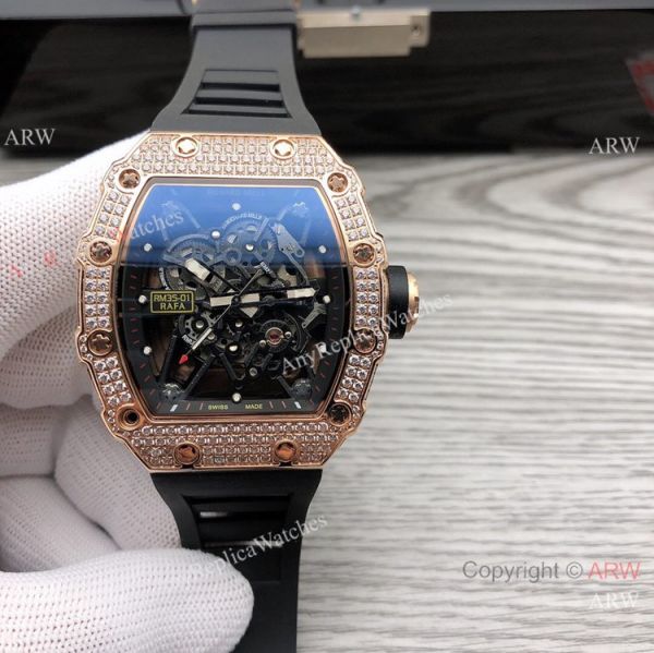 Swiss Quality Richard Mille RM35-01 Rafael Nadal Watch Rose Gold Diamond Yellow Rubber Strap Swiss Quality Richard Mille RM35-01 Rafael Nadal Watch Rose Gold Diamond Yellow Rubber Strap