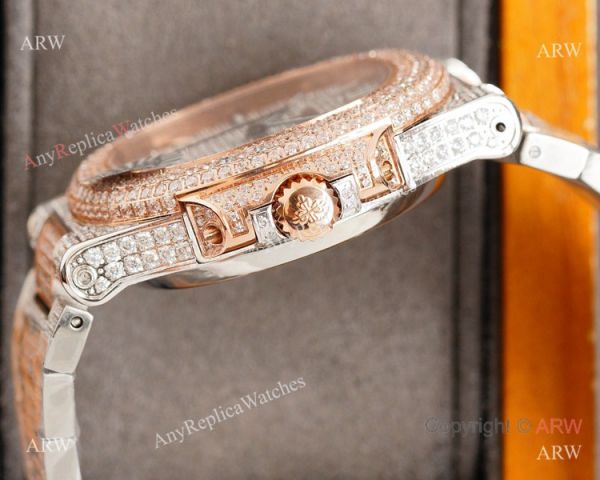 Swiss Grade Patek Philippe Nautilus 40mm Watch 9015 Ultra-thin Full Diamond Dial 2-Tone Rose Gold Swiss Grade Patek Philippe Nautilus 40mm Watch 9015 Ultra-thin Full Diamond Dial 2-Tone Rose Gold