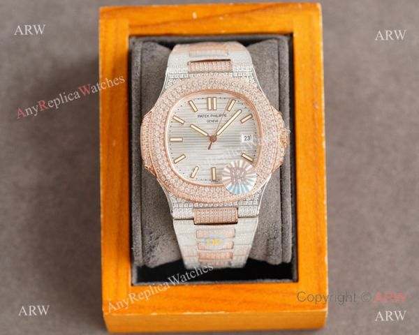 Swiss Replica Iced Out Patek Philippe Nautilus 9015 Ultra-thin Watch 2-Tone Rose Gold Chocolate Dial 40mm Swiss Replica Iced Out Patek Philippe Nautilus 9015 Ultra-thin Watch 2-Tone Rose Gold Chocolate Dial 40mm
