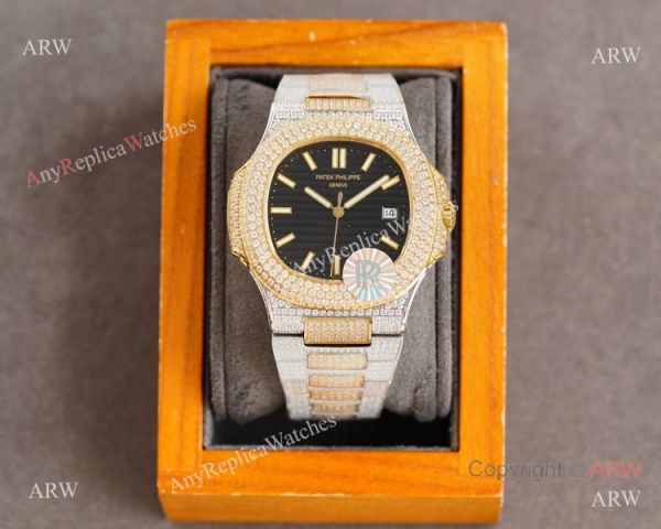 Swiss Replica Patek Philippe Nautilus 9015 Ultra-thin Watch Two Tone Iced Out Case Swiss Replica Patek Philippe Nautilus 9015 Ultra-thin Watch Two Tone Iced Out Case