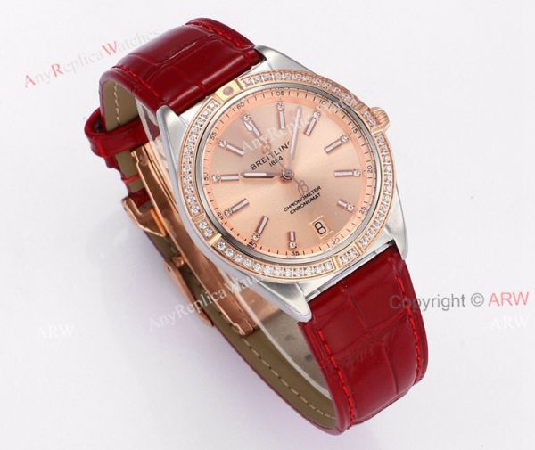 2021 Copy Breitling Chronomat 36 Rose Gold Watch With Red Leather Strap 2021 Copy Breitling Chronomat 36 Rose Gold Watch With Red Leather Strap
