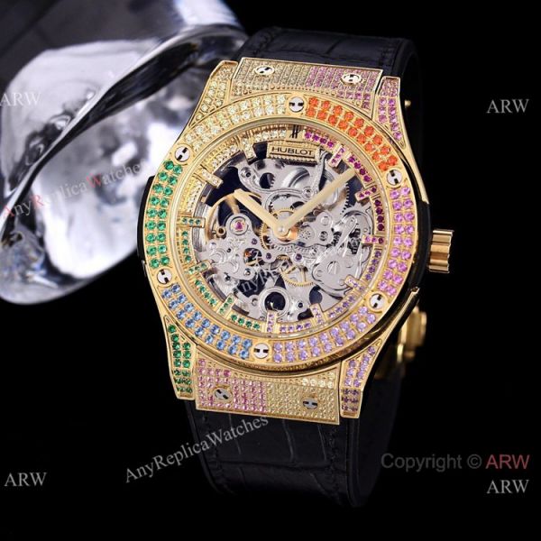 Replica Skeleton Hublot Rainbow Watch Rose Gold 45mm With Brown Leather Strap Replica Skeleton Hublot Rainbow Watch Rose Gold 45mm With Brown Leather Strap