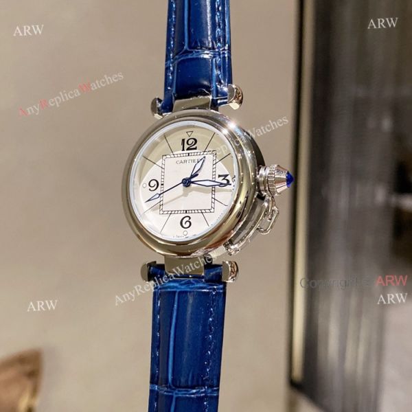 New Pasha De Cartier Watch 35mm white face blue leather strap replica New Pasha De Cartier Watch 35mm white face blue leather strap replica