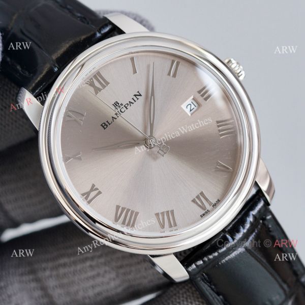 Fake Blancpain Villeret Gray Face 40MM Watch With Roman Markers Leather Band Fake Blancpain Villeret Gray Face 40MM Watch With Roman Markers Leather Band
