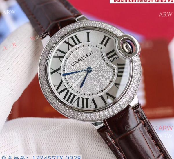Replica V6 Cartier Balloon Blue Diamond Bezel White Face Watch Brown Leather Strap Replica V6 Cartier Balloon Blue Diamond Bezel White Face Watch Brown Leather Strap