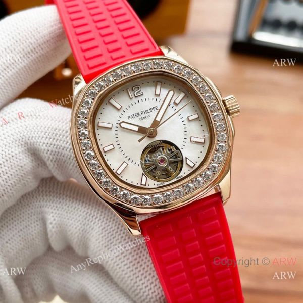 Clone Patek Philippe Lady Tourbillon Diamond Bezel Purple Rubber Strap 35mm Clone Patek Philippe Lady Tourbillon Diamond Bezel Purple Rubber Strap 35mm