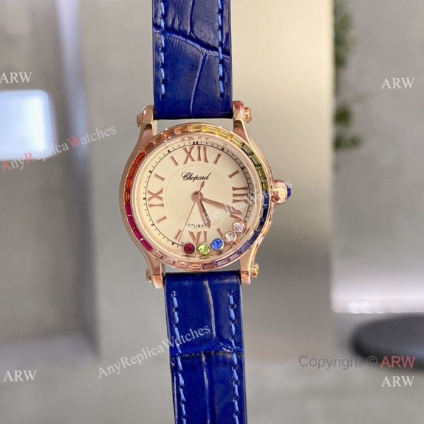 Replica Chopard Happy Sport Quartz 30mm Watch Rainbow bezel Rose Gold Replica Chopard Happy Sport Quartz 30mm Watch Rainbow bezel Rose Gold
