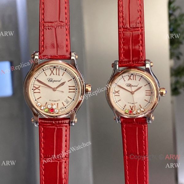 Clone Chopard Happy Sport Diamond Couple Watches Black Leather Strap Clone Chopard Happy Sport Diamond Couple Watches Black Leather Strap