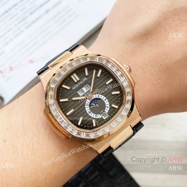 Clone Patek Philippe Annual Calendar Nautilus Watch Brown Leather Strap Diamond Bezel Clone Patek Philippe Annual Calendar Nautilus Watch Brown Leather Strap Diamond Bezel