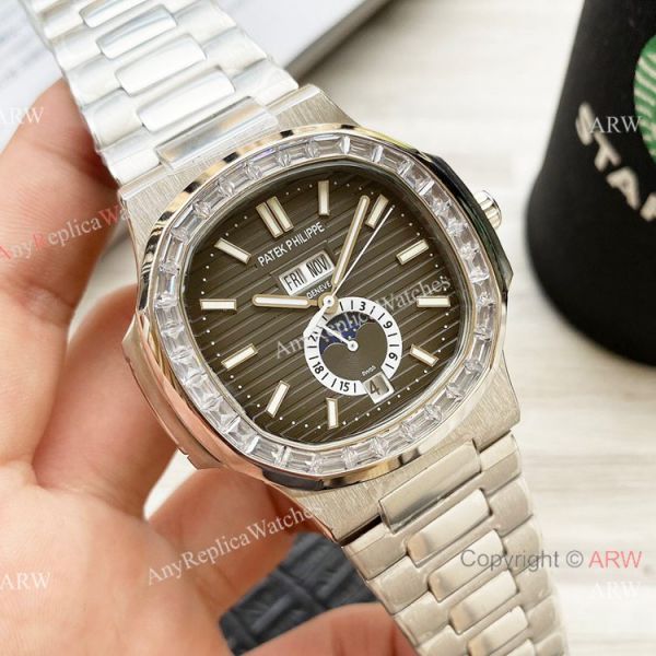Clone Patek Philippe Annual Calendar Nautilus Watches Olive Green with Diamond 42mm Clone Patek Philippe Annual Calendar Nautilus Watches Olive Green with Diamond 42mm