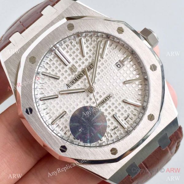 JF Factory Swiss Audemars Piguet Replica Watch Silver Face Brown Leather Band JF Factory Swiss Audemars Piguet Replica Watch Silver Face Brown Leather Band