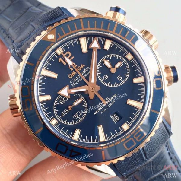 (OM)New Copy Swiss Omega Seamaster 9900 Watch Rose Gold Blue Leather (OM)New Copy Swiss Omega Seamaster 9900 Watch Rose Gold Blue Leather