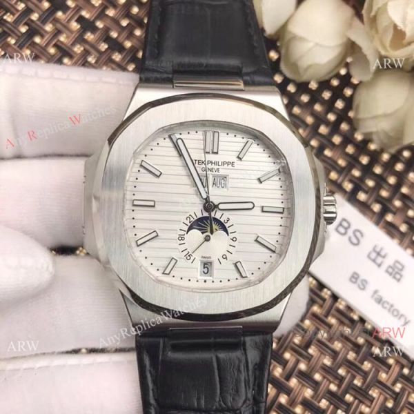 New Patek Philippe Nautilus White Face Annual Calendar Watch Brown Leather Strap New Patek Philippe Nautilus White Face Annual Calendar Watch Brown Leather Strap