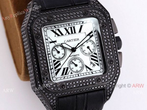 Cartier Santos Black Diamond White Dial 45mm Watch VK Chronograph Cartier Santos Black Diamond White Dial 45mm Watch VK Chronograph