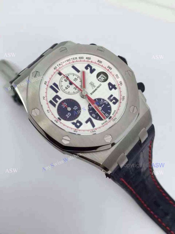 Swiss Audemars Piguet White &038; Blue Chronograph Black Leather Watch Swiss Audemars Piguet White &038; Blue Chronograph Black Leather Watch