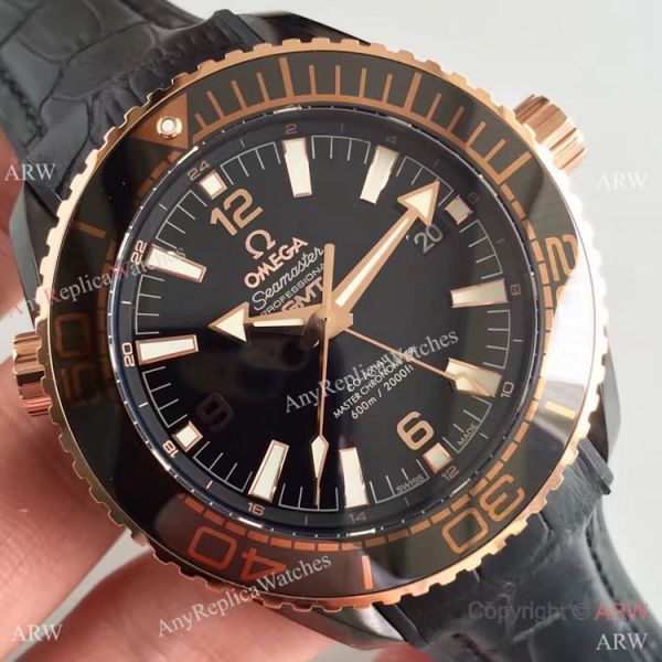 Swiss Replica Omega Seamaster Planet Ocean Deep Black GMT Ceramic Rose Gold Watch Swiss Replica Omega Seamaster Planet Ocean Deep Black GMT Ceramic Rose Gold Watch