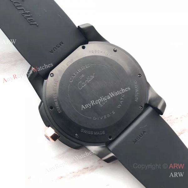 Swiss Fake Calibre De Cartier Diver watch Black PVD Case Rose Gold Fluted Bezel Swiss Fake Calibre De Cartier Diver watch Black PVD Case Rose Gold Fluted Bezel