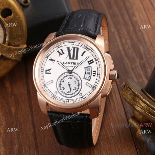 Replica Cartier Calibre de Cartier Men Watches SS Black Leather Strap Replica Cartier Calibre de Cartier Men Watches SS Black Leather Strap