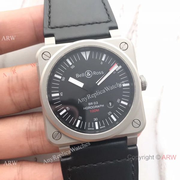 Swiss Fake Bell Ross BR03 100M Frosted Case watch Black Leather Band Swiss Fake Bell Ross BR03 100M Frosted Case watch Black Leather Band