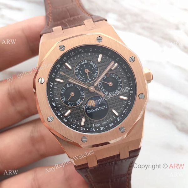 Audemars Piguet Royal Oak Perpetual Calendar Replica Watch Rose Gold Brown Leather Strap Audemars Piguet Royal Oak Perpetual Calendar Replica Watch Rose Gold Brown Leather Strap