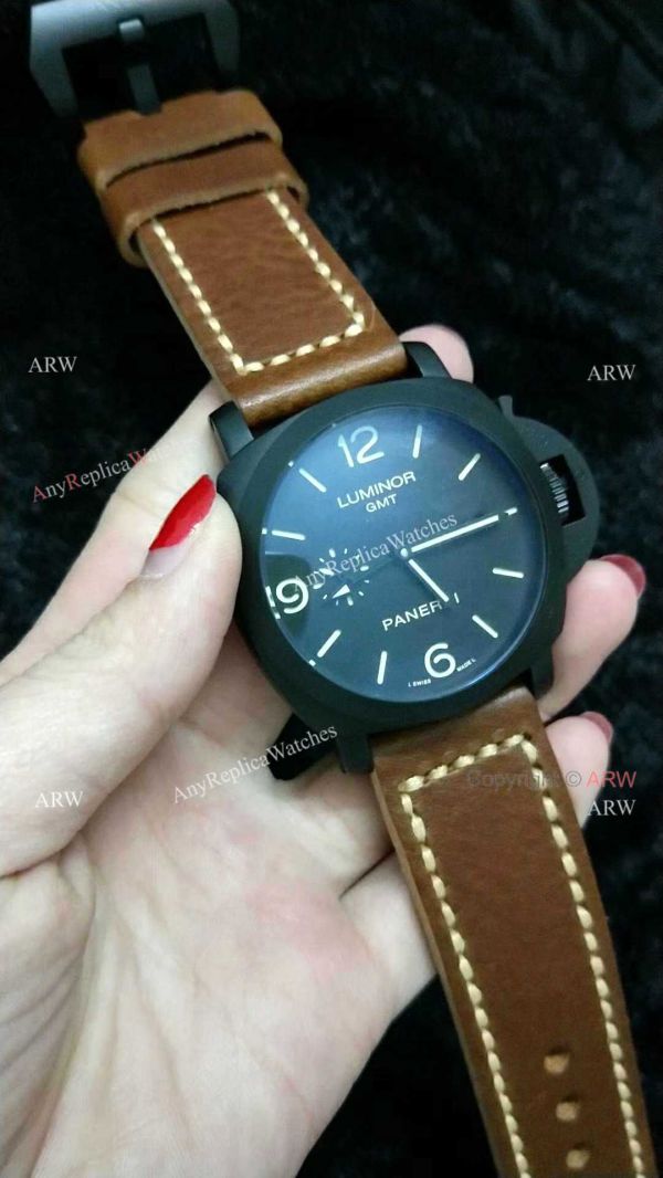 Clone Panerai Luminor GMT PAM 320 Black Steel Watch with Brown Leather Strap Clone Panerai Luminor GMT PAM 320 Black Steel Watch with Brown Leather Strap