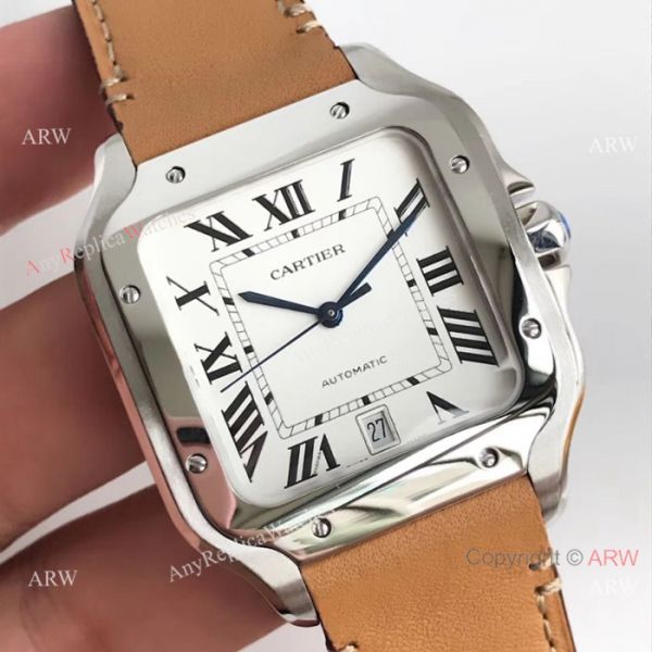 Cartier Santos Quartz Replica Watch SS Brown Leather Band Cartier Santos Quartz Replica Watch SS Brown Leather Band