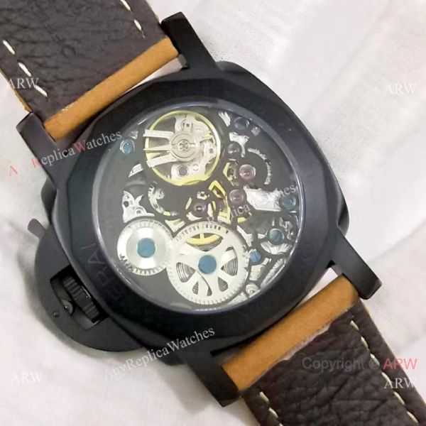 Best Quality Panerai Black Hollow Watch 47mm Brown Leather Strap Best Quality Panerai Black Hollow Watch 47mm Brown Leather Strap