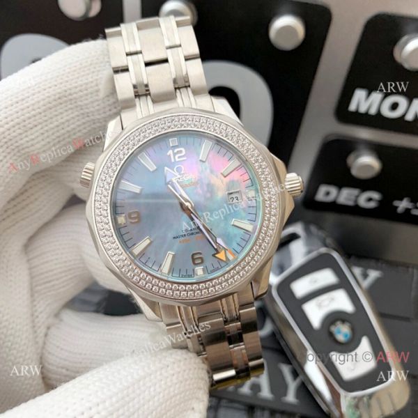 Swiss 8500 Omega Seamaster Copy Watch SS Diamond bezel White MOP Dial Swiss 8500 Omega Seamaster Copy Watch SS Diamond bezel White MOP Dial