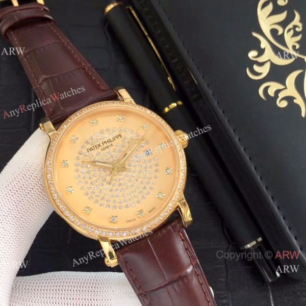 Patek Philippe Calatrava Diamond Watch SS Black Leather Band Patek Philippe Calatrava Diamond Watch SS Black Leather Band